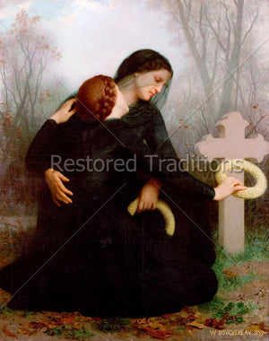 Two Women Dressed in Black Comfort Each Other Beside a Grave Cross