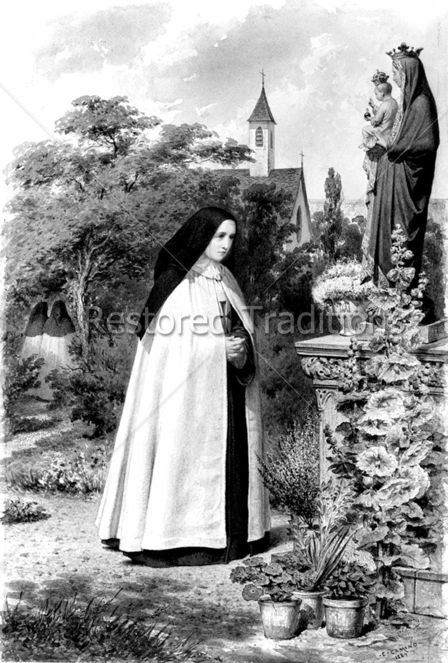 Nun Praying Before Madonna Statue