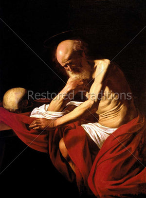 Emaciated man praying with skull