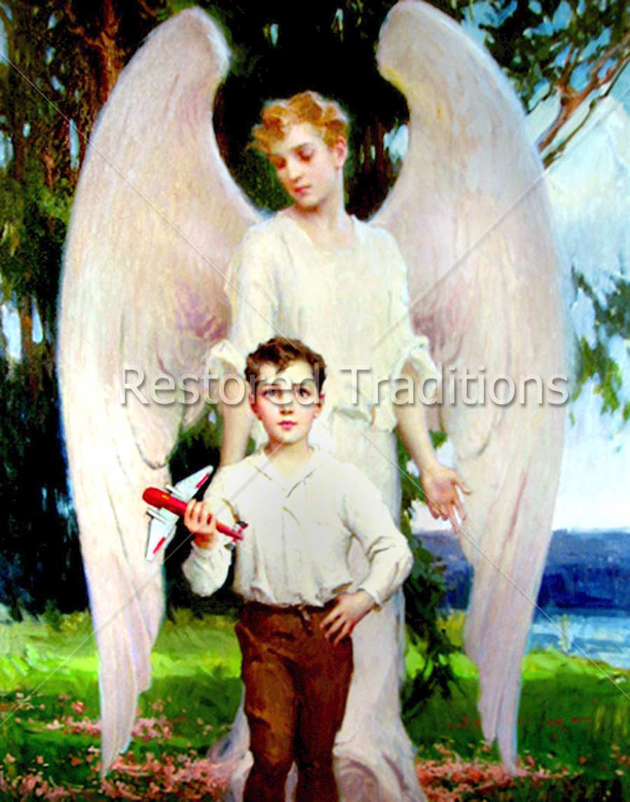 angel with boy holding toy airplane