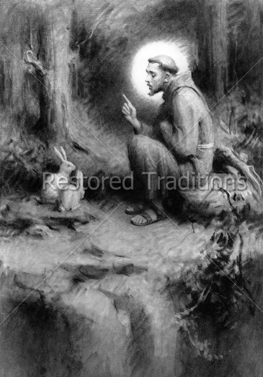 Saint Francis with rabbits in forest