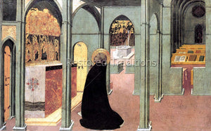 Priest saint kneeling in front of altar