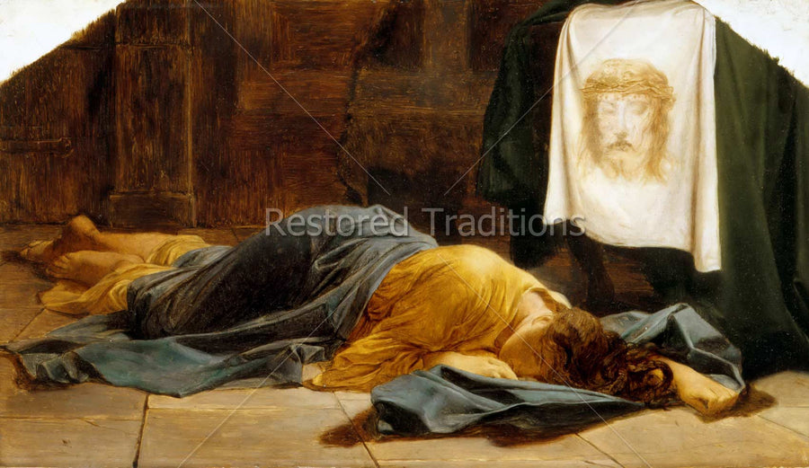 Woman sleeping on floor near image of Jesus