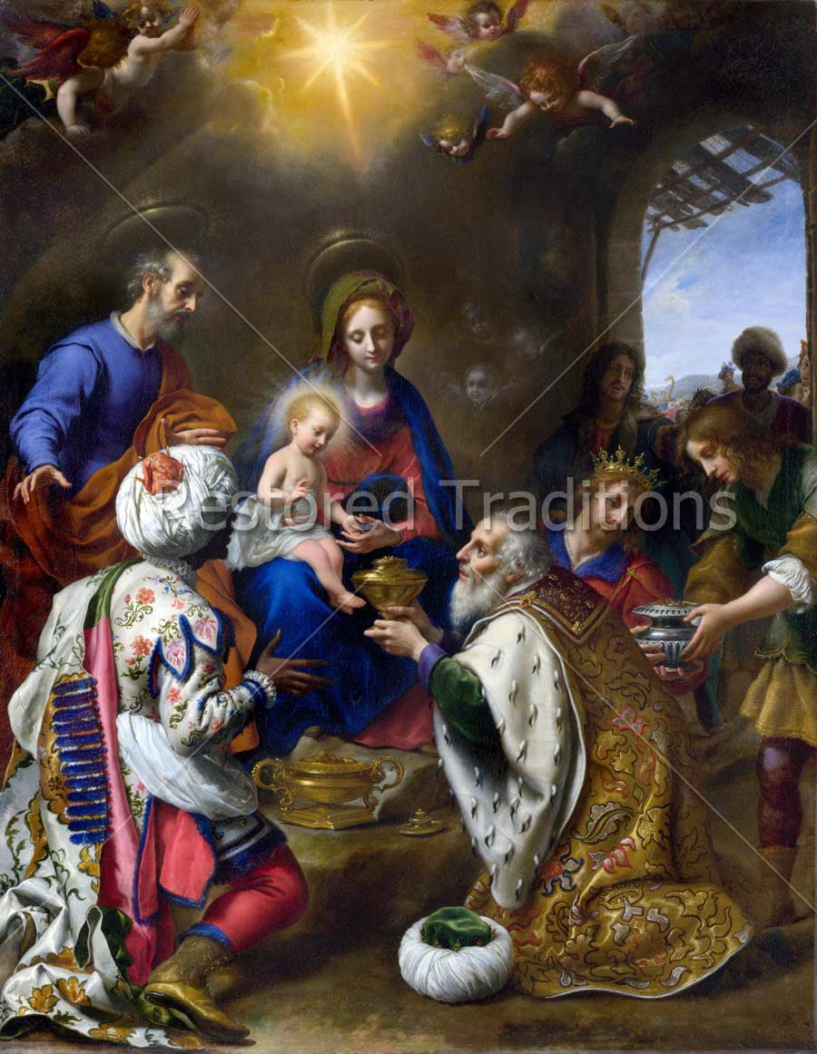 Three Kings on Epiphany Giving Gifts to Christ Child
