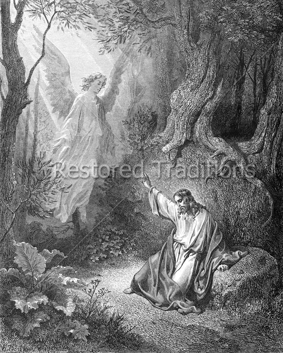Black and White Illustration of Angel Comforting Christ in Gethsemane