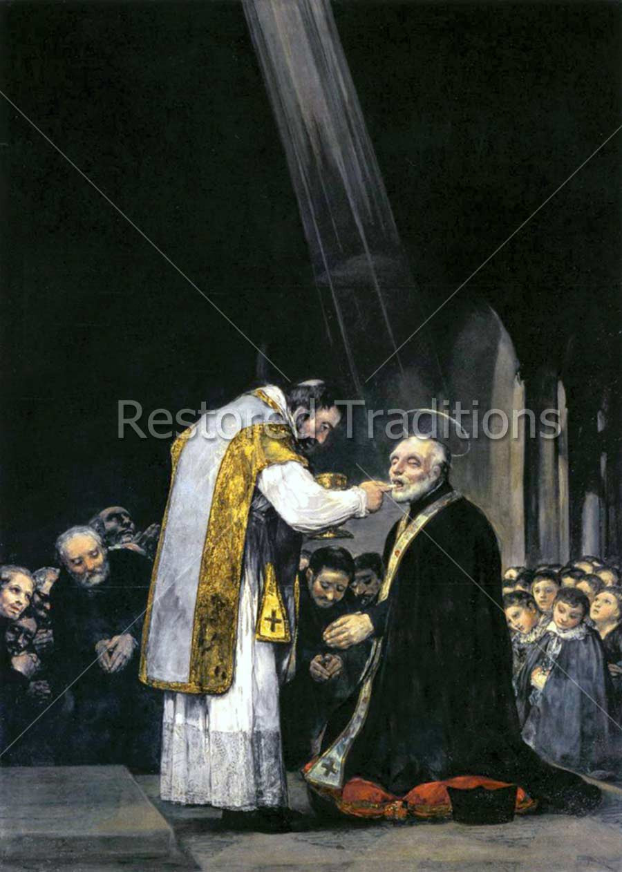 Priest kneeling to receive Holy Eucharist