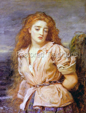 Woman tied to ocean rock with chains