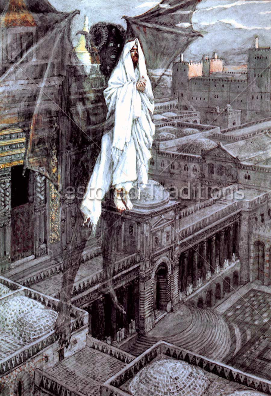 Demon holding Jesus above rooftops