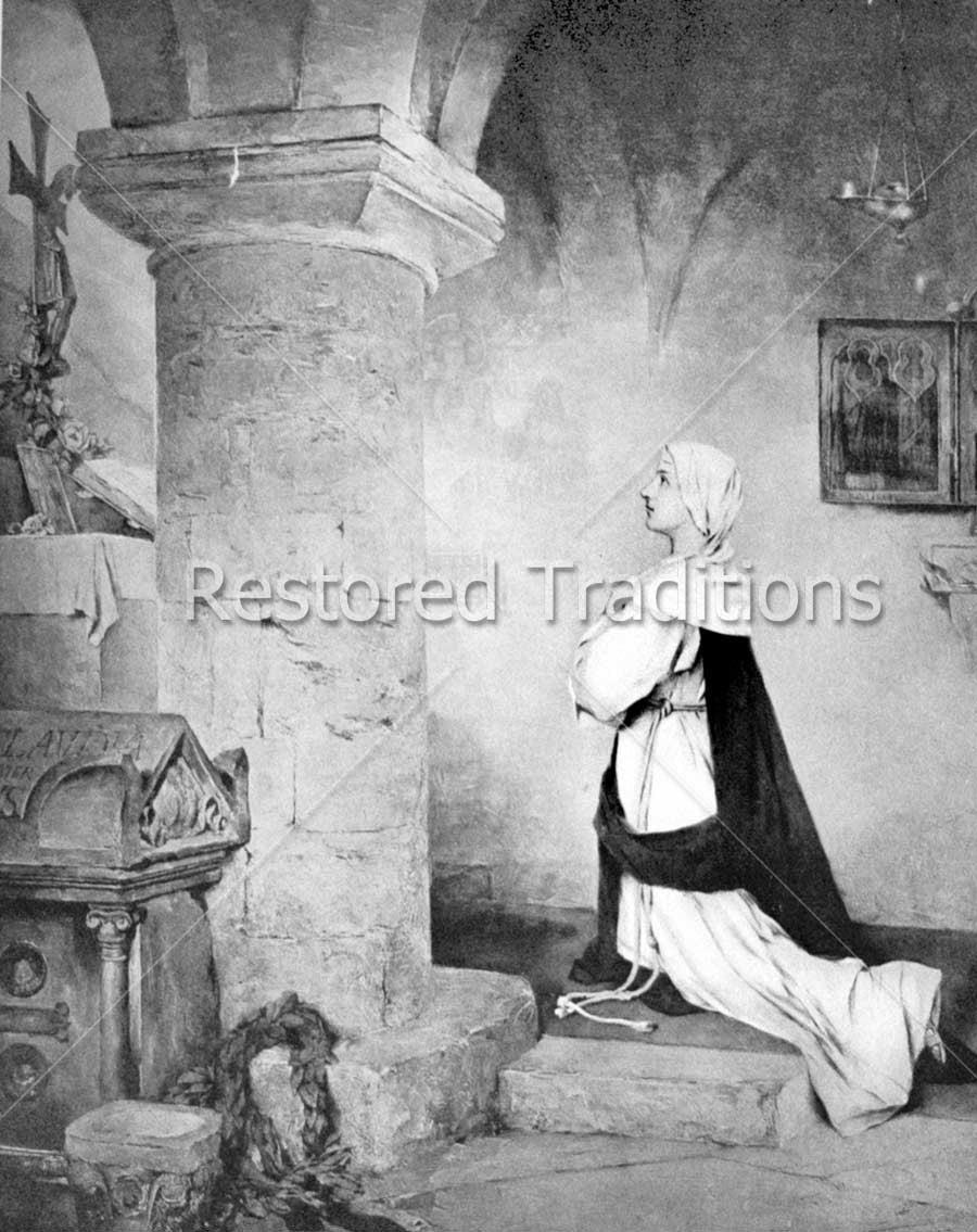 black and white picture of lady praying